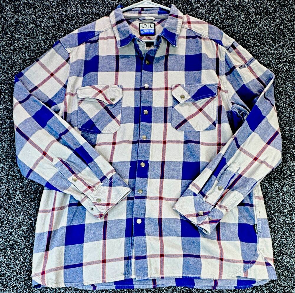 LAPG Men's L Blue/White/Red Cotton Flannel Plaid L/S Point Collar Button-Up